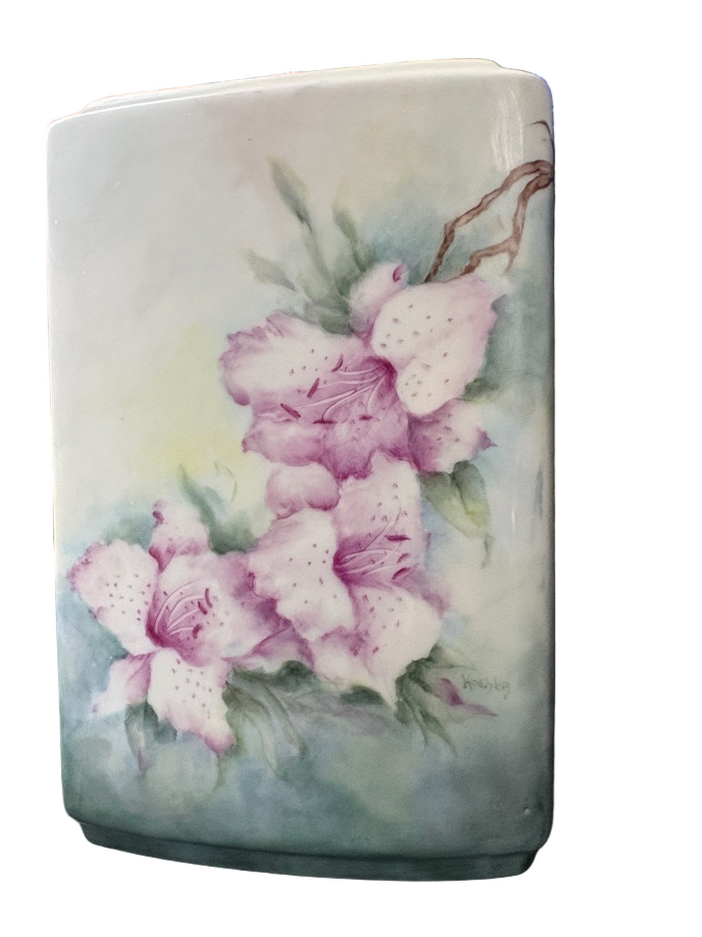 Vintage Hand-Painted Pink Floral Porcelain pillow Vase By Painter Koehler